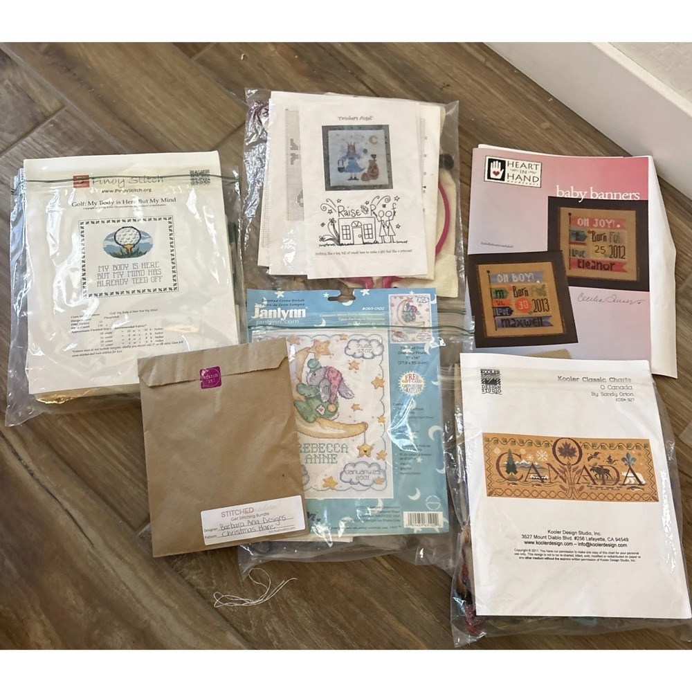 LOT Of 6 Counted Cross Stitch Craft Project Kit - Golf, Halloween, Canada, Baby